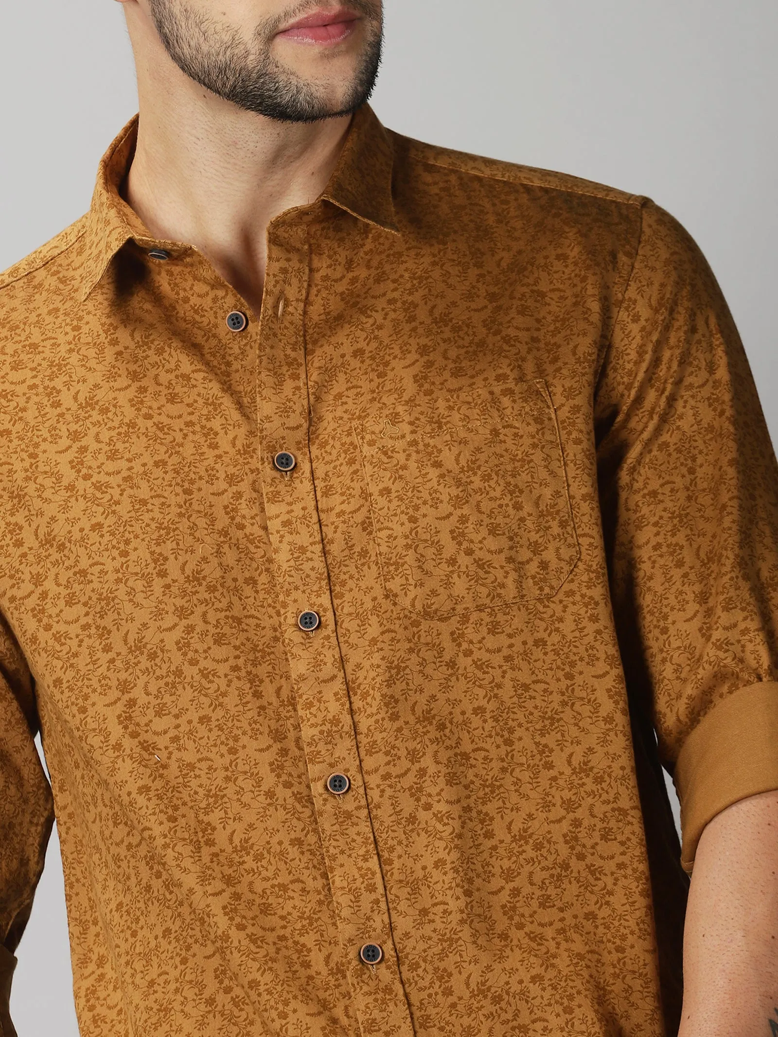 MEN'S BROWN PRINT SLIM FIT SHIRT