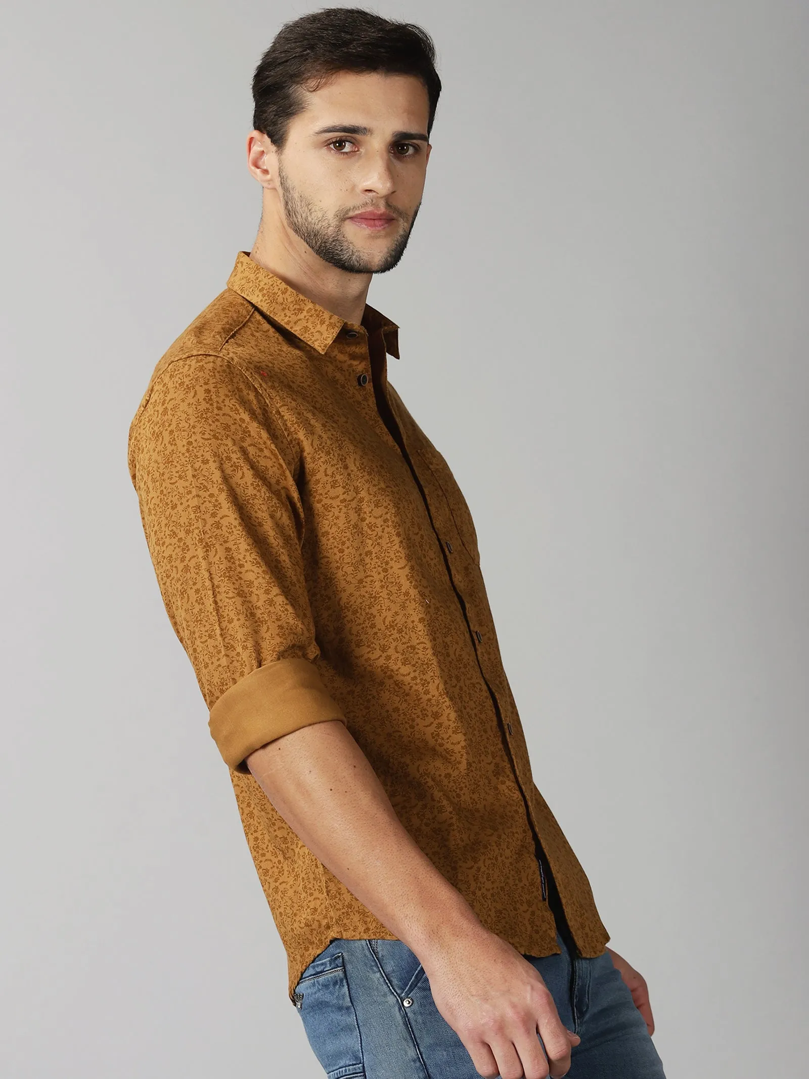 MEN'S BROWN PRINT SLIM FIT SHIRT