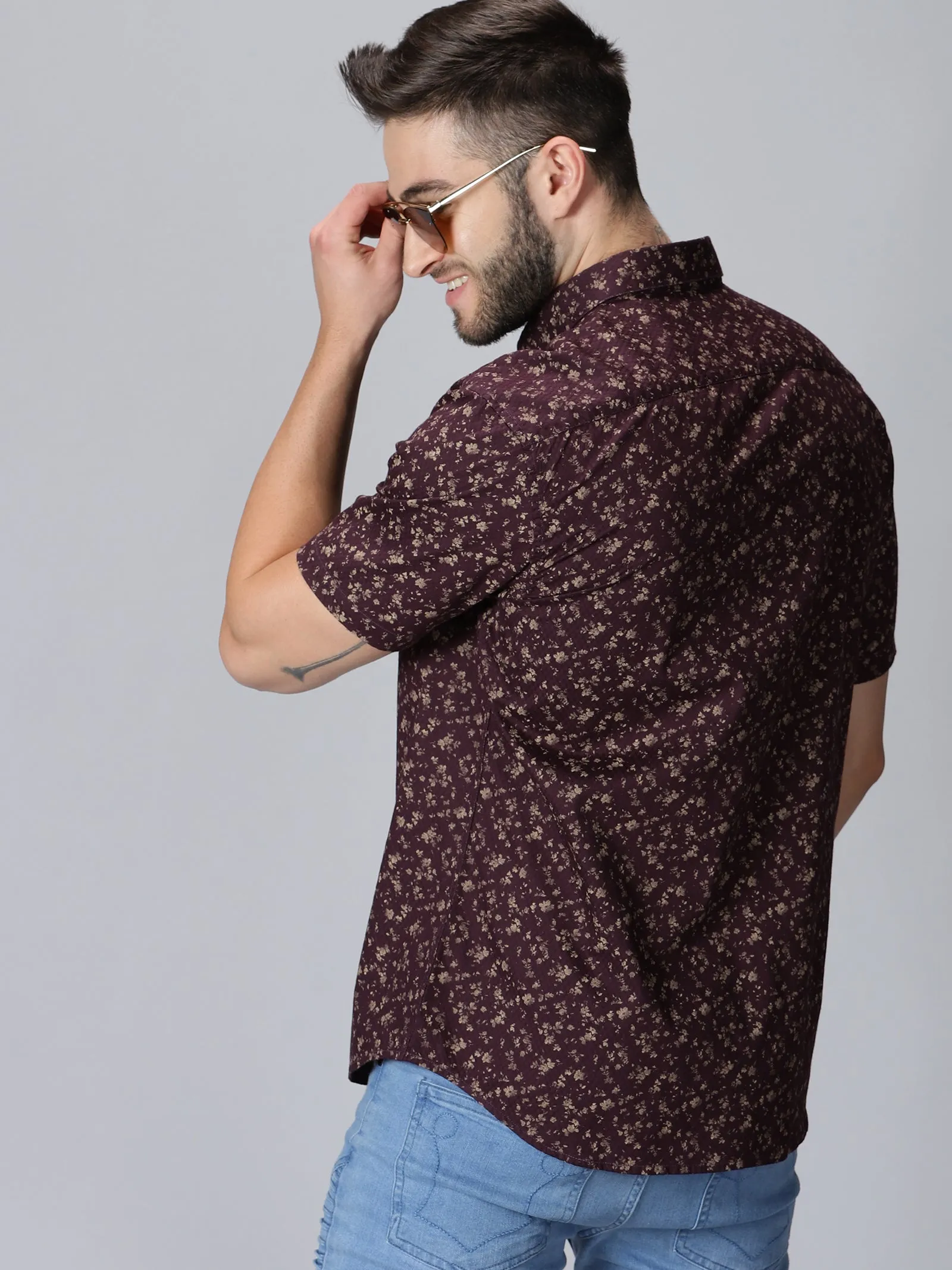 MEN'S DOBBY BROWN PRINT SLIM FIT SHIRT