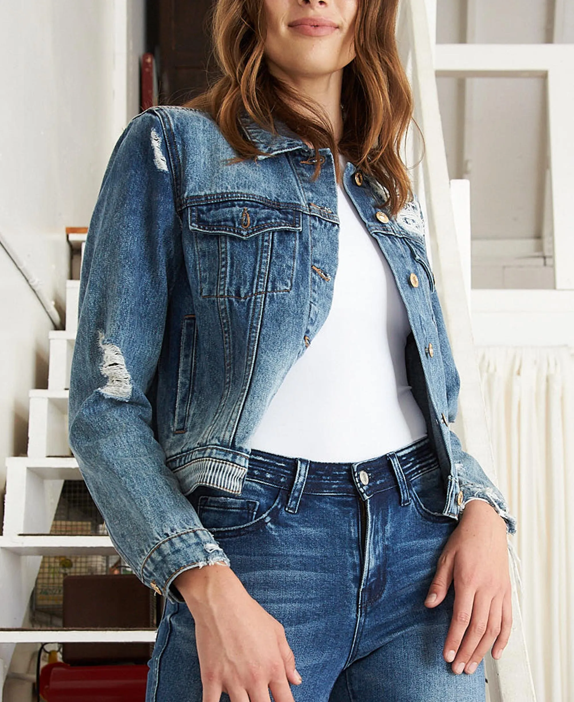 Moving Silence - Distressed Patched Classic Fit Denim Jacket