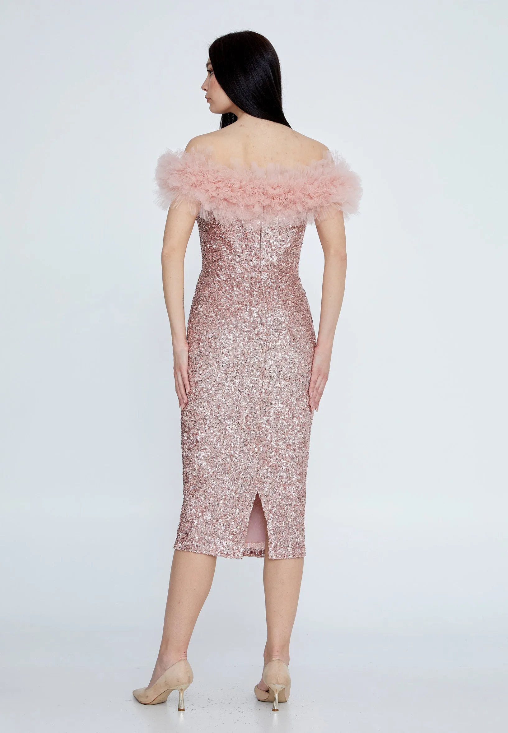 Off-Shoulder Midi Sequin Column Cocktail Dress - Rose Gold