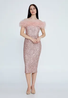 Off-Shoulder Midi Sequin Column Cocktail Dress - Rose Gold