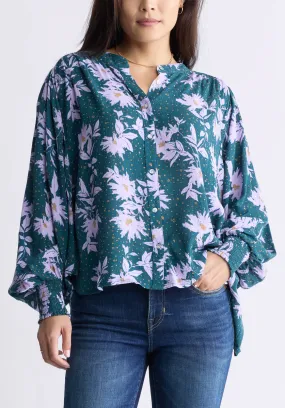 Ottilie Women's Long-Sleeved Blouse, Green with Purple Floral - WT0120F