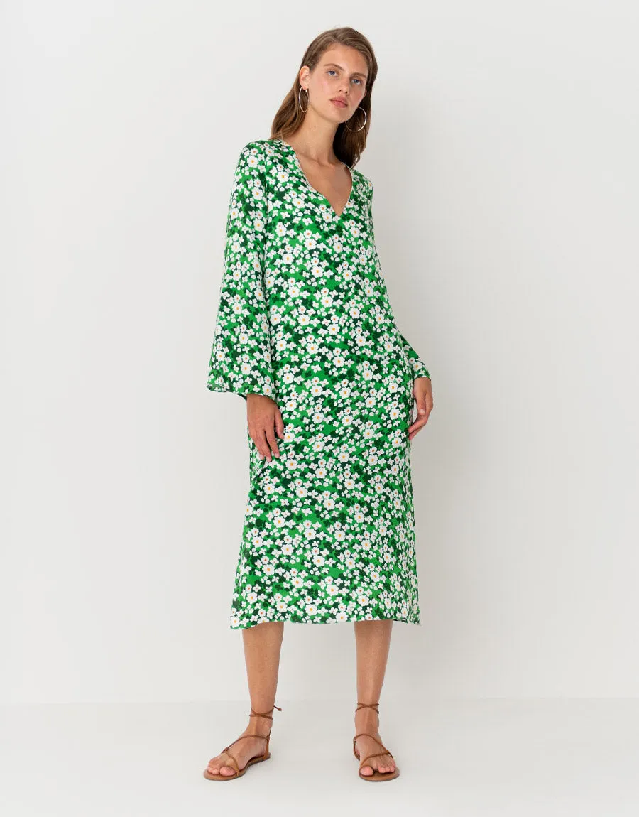 Phoenix Hammered Satin Midi Dress - Flower Burst Green