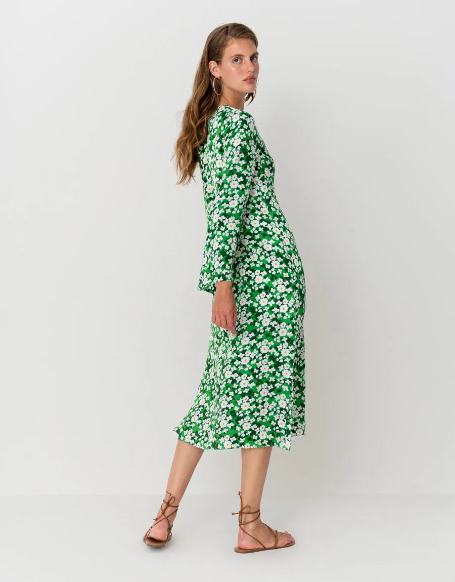 Phoenix Hammered Satin Midi Dress - Flower Burst Green