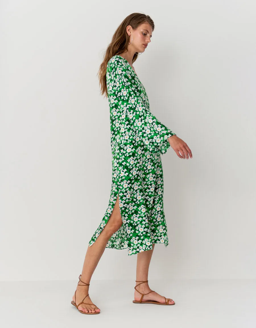 Phoenix Hammered Satin Midi Dress - Flower Burst Green