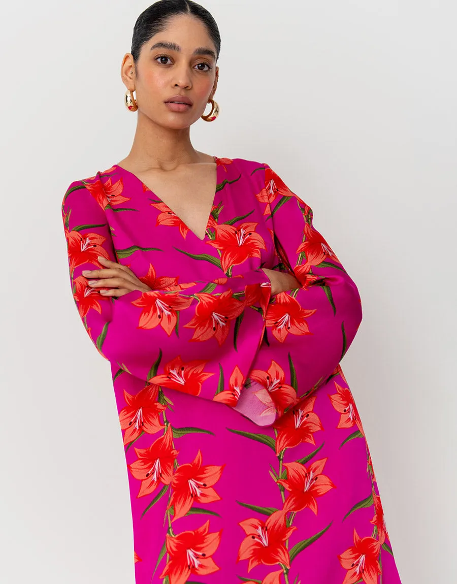 Phoenix Hammered Satin Midi Dress - Lily Fucshia