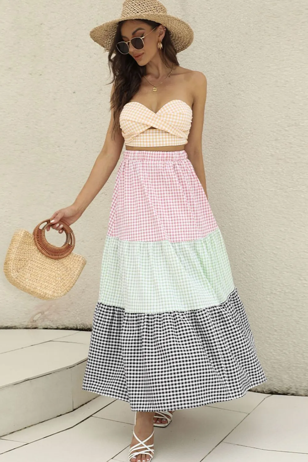 Plaid Strapless Top and Skirt Set