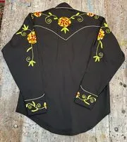 Rockmount Ranchwear Floral Embroidery Cotton Gabardine Black Western Shirt