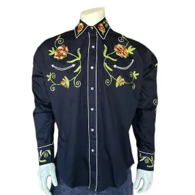 Rockmount Ranchwear Floral Embroidery Cotton Gabardine Black Western Shirt