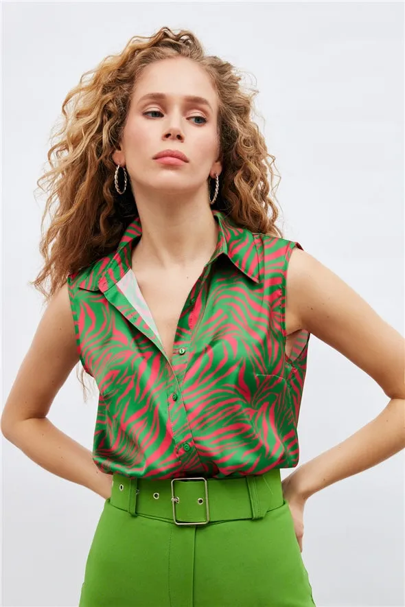 Satin Silk button-down sleeveless shirt - Green Multi