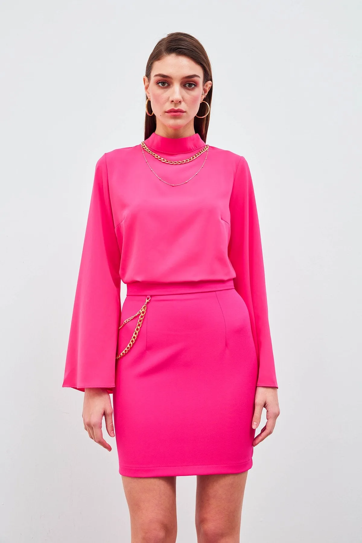 Spanish Sleeve Blouse with Necklace - Hot Pink