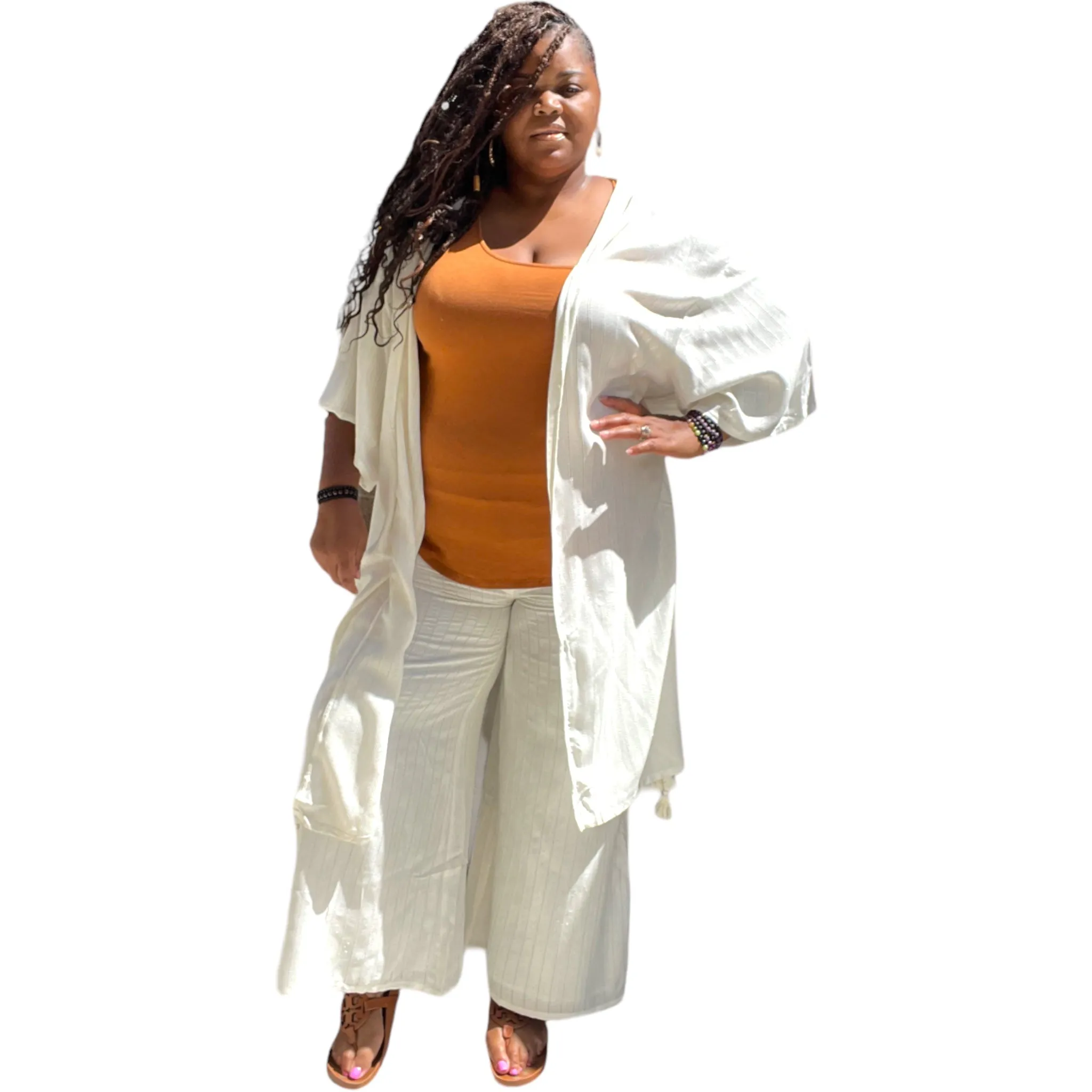 Women's Plus Size Off White Kimono Cardigan Set