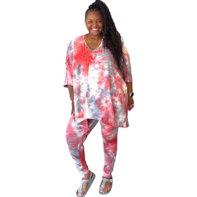 Women's Plus Size Red Tie Dye Asymmetrical Legging Set